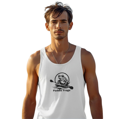 Current Keeper Men's Adventure Tank Top Paddle Frogs™ crew model white on a transparent background