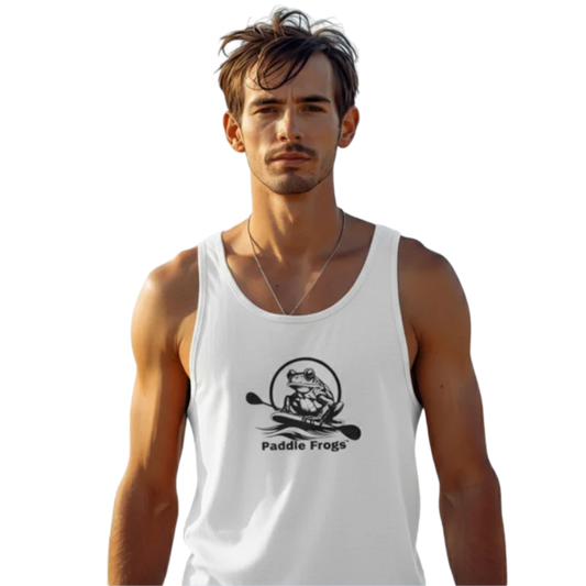 Current Keeper Men's Adventure Tank Top Paddle Frogs™ crew model white on a transparent background