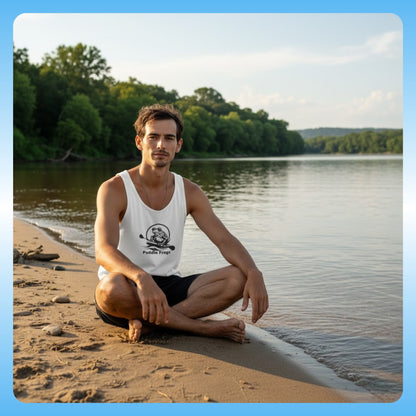 Current Keeper Men's Adventure Tank Top Paddle Frogs™ crew model white at the Tennessee river beach