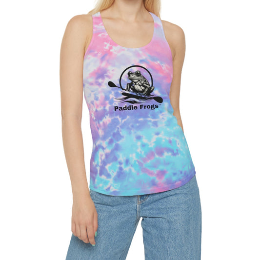Cute tie dye tank top, light blue and purple, Paddle Frogs frontside logo comfortable summer sports a paddle boarding tops