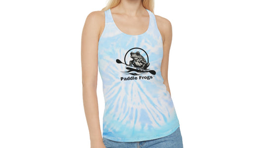 Cute tie dye tank top, light blue and purple, Paddle Frogs on front comfortable