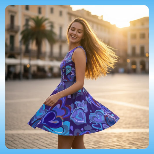 Dancing Heart Longboard Dress - Paddle Frogs Outdoor Gear Skate & Paddle Woman in a colorful dress twirling in an outdoor setting with buildings and palm trees in the background.