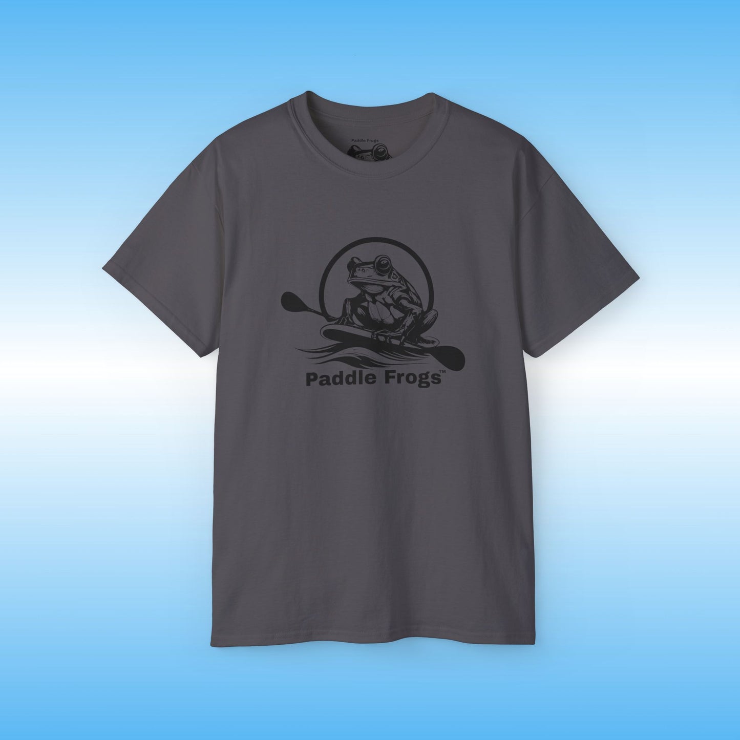 Gray t-shirt with 'Paddle Frogs' logo on a blue background