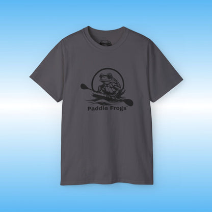 Gray t-shirt with 'Paddle Frogs' logo on a blue background