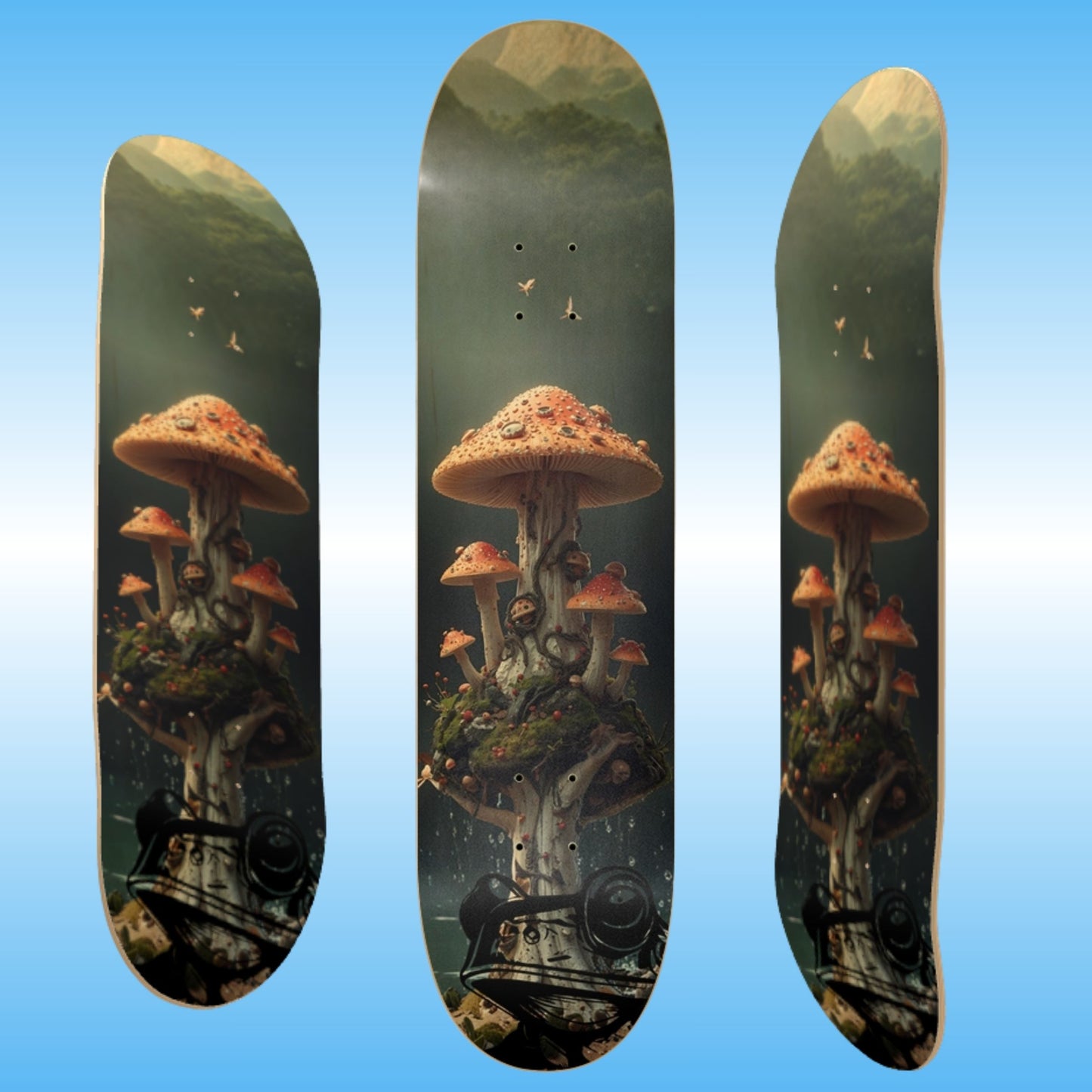 Deep in Magic Mushroom Forest 8 inch popsicle skateboard deck Paddle Frogs™ 3 angles for arch curve view