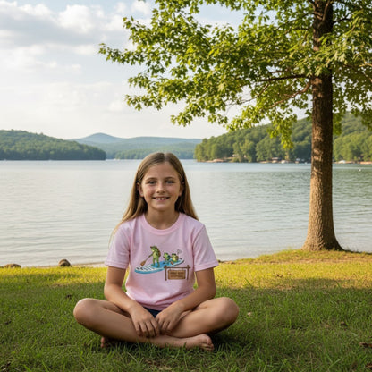 Divine Escape  Adventure Tee - Paddle Frogs™ Kids 10 year old girl wearing pink next to a tree by Norris Lake in Tennessee