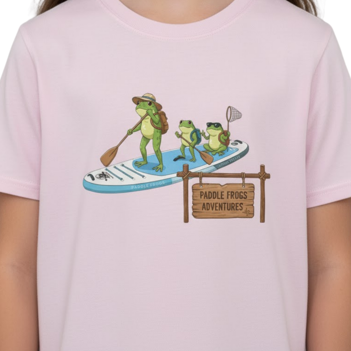 Divine Escape  Adventure Tee - Paddle Frogs™ Kids 10 year old girl wearing pink on a transparent background