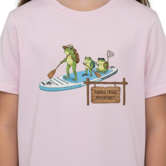 Divine Escape  Adventure Tee - Paddle Frogs™ Kids 10 year old girl wearing pink on a transparent background
