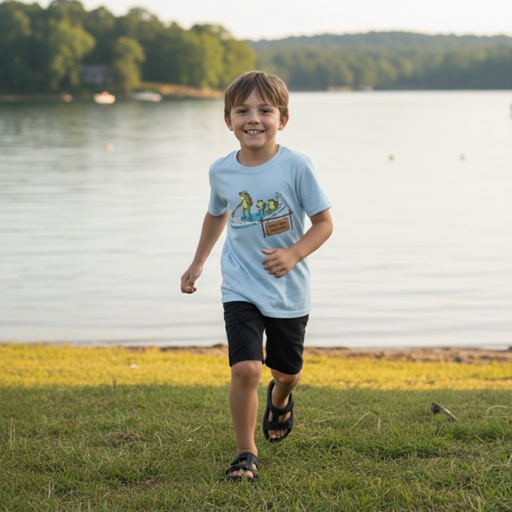 Divine Escape  Adventure Tee - Paddle Frogs™ Kids boy wearing light blue at Percy Priest Lake in Tennessee