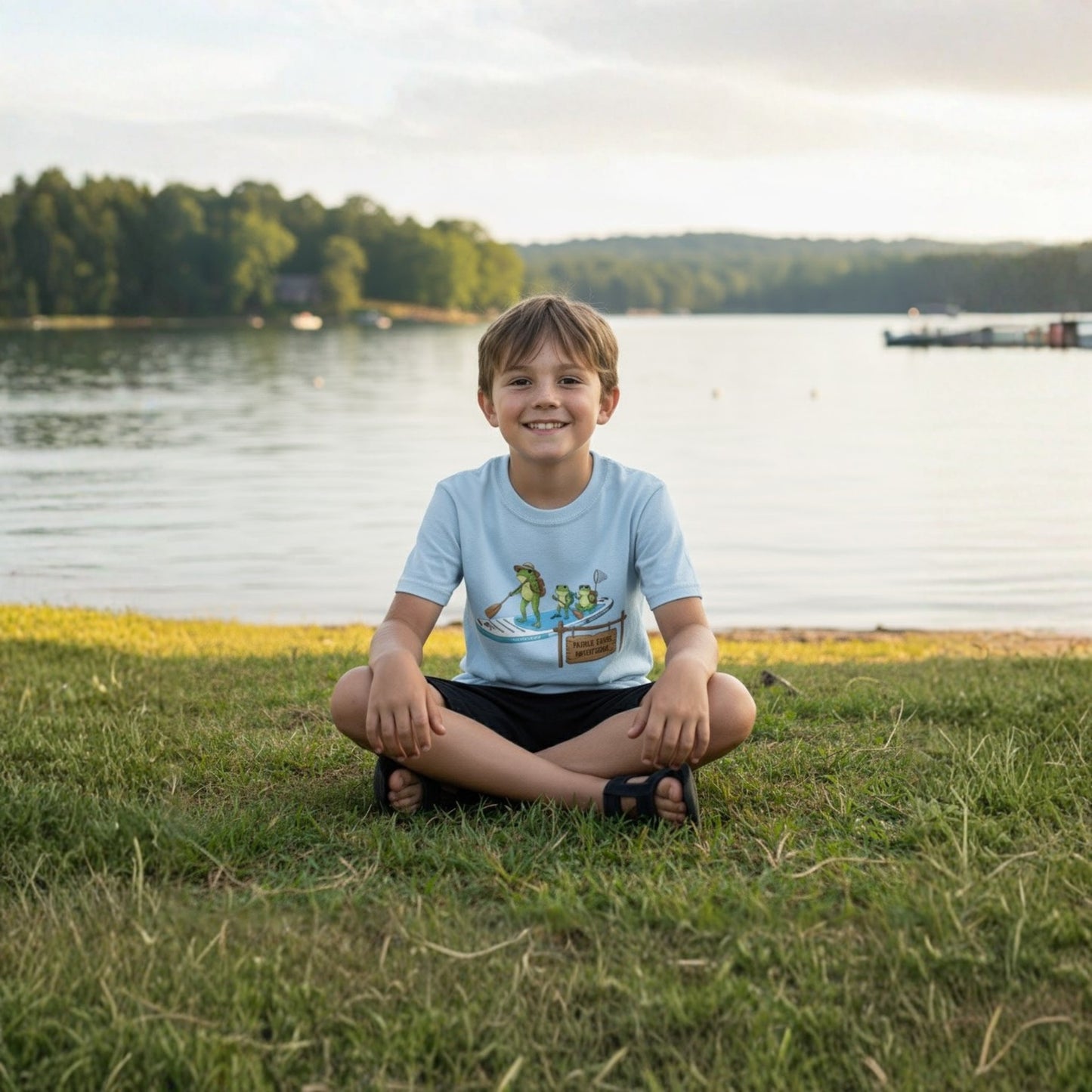 Divine Escape  Adventure Tee - Paddle Frogs™ Kids boy wearing light blue sitting crisscross applesauce at Percy Priest Lake in Tennessee