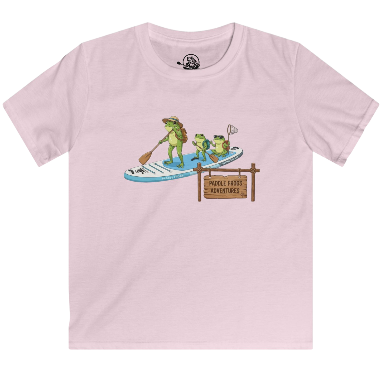 Pink t-shirt with a graphic of frogs paddleboarding and a sign that reads 'Paddle Frogs Adventures' on a transparent background.