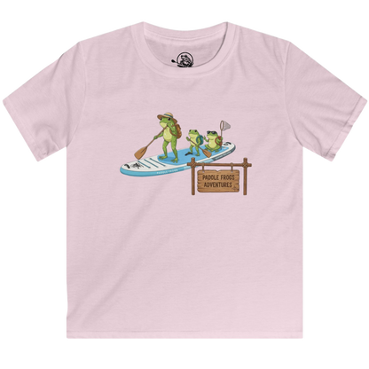Pink t-shirt with a graphic of frogs paddleboarding and a sign that reads 'Paddle Frogs Adventures' on a transparent background.