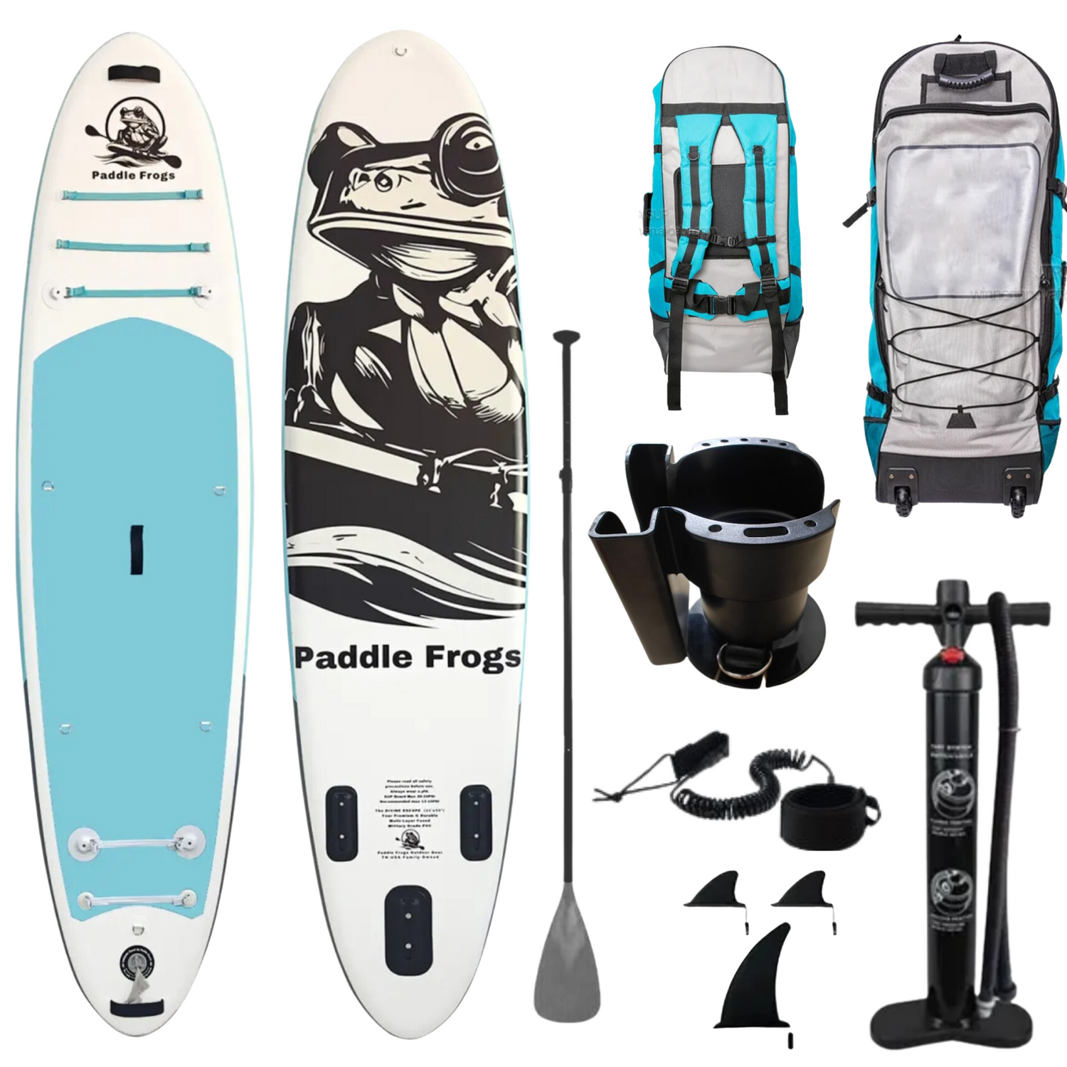 Included with the Divine Escape Paddle Board Cup holder phone holder multi pocket carry bag with wheels, manual pump leash, 3 removable fins, aluminum paddle, and four 4 universal adapters built into the isup for content creators and photographers