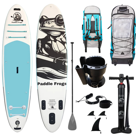 Included with the Divine Escape Paddle Board Cup holder phone holder multi pocket carry bag with wheels, manual pump leash, 3 removable fins, aluminum paddle, and four 4 universal adapters built into the isup for content creators and photographers