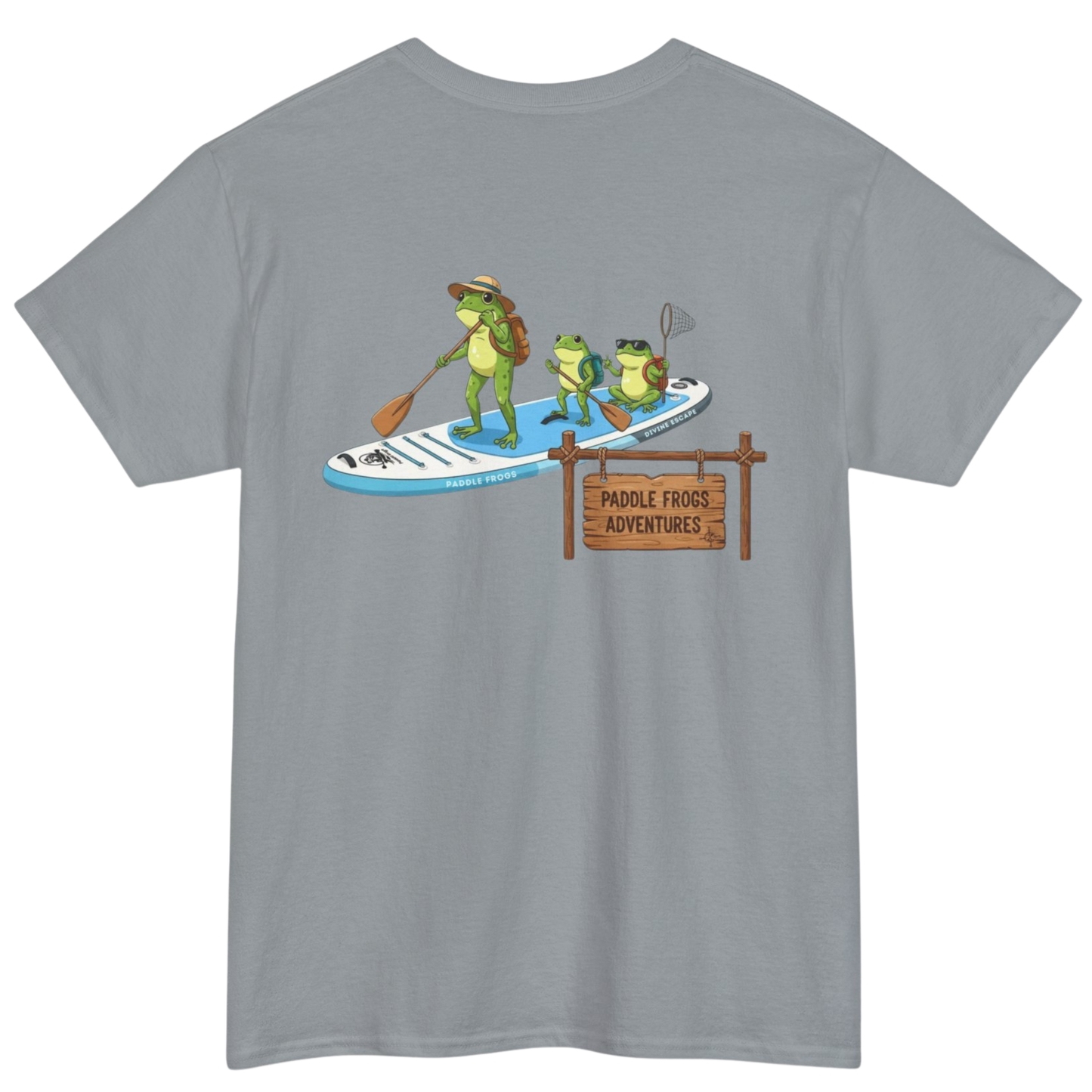 Gray t-shirt with a graphic of frogs paddleboarding and a sign reading 'Paddle Frogs Adventures' on a white background.