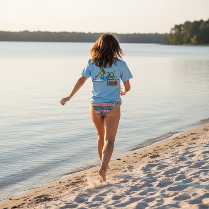 Divine Escape Paddle Frogs Adventure Tee - Light blue at the river beach Kingston Tennessee
