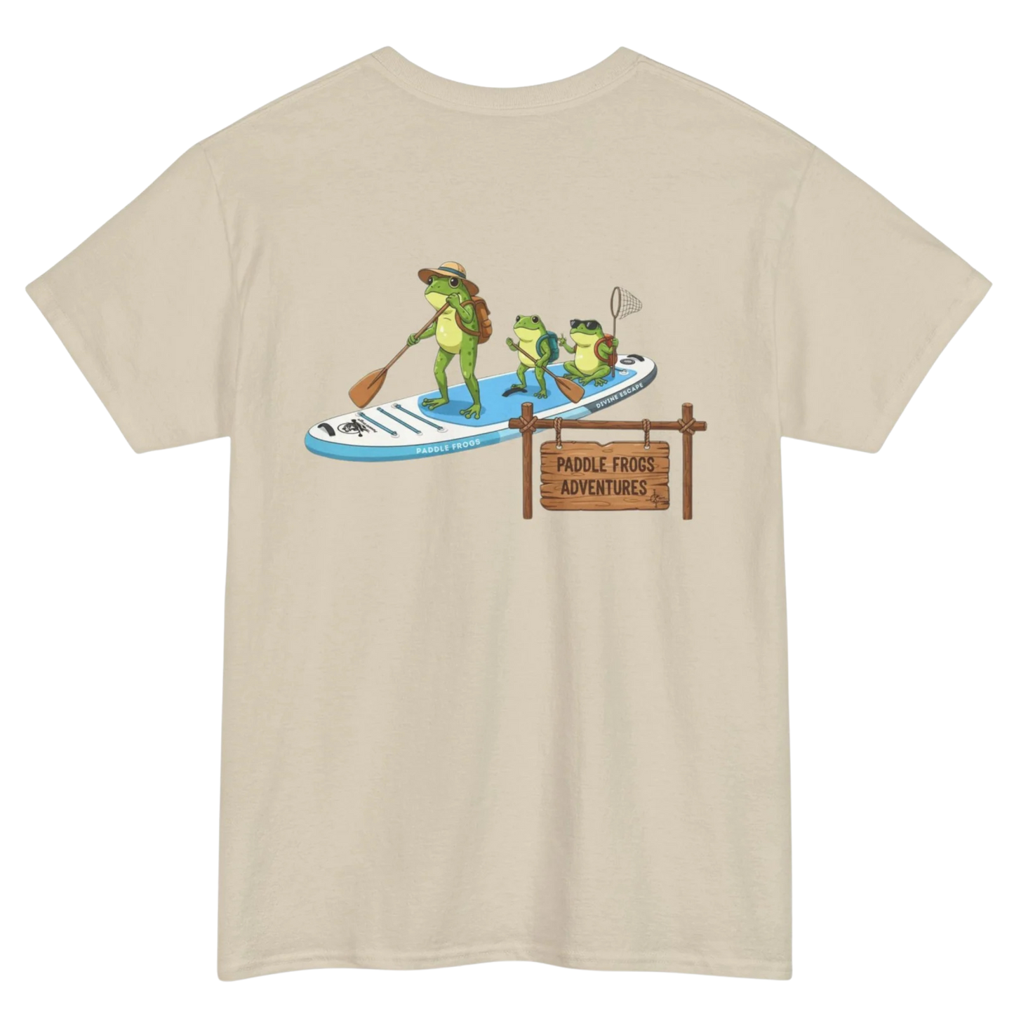 Sand Tan Beige t-shirt with a graphic of frogs on a Divine Escape paddleboard and a sign reading 'Paddle Frogs Adventures' on the back.