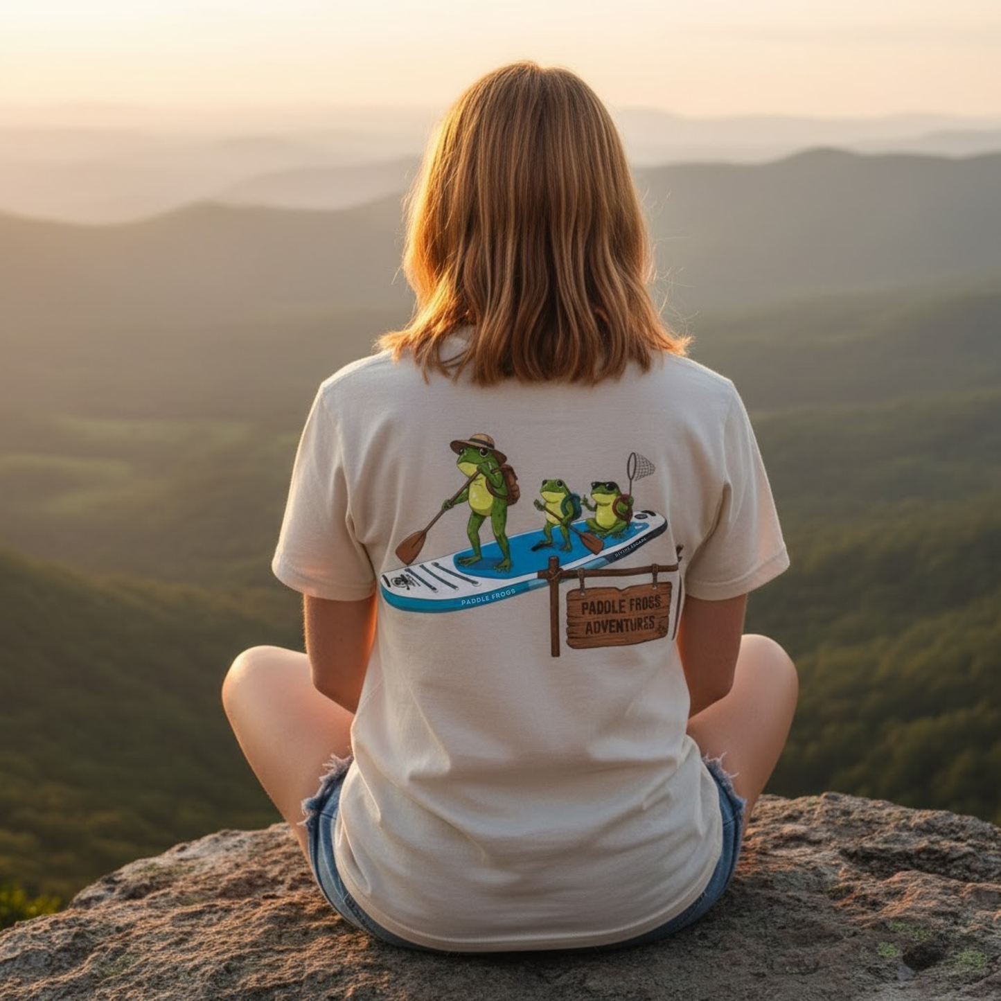 Divine Escape Paddle Frogs Adventure Tee - Sand Tan at cliff in the great Smokey Mountains Tennessee