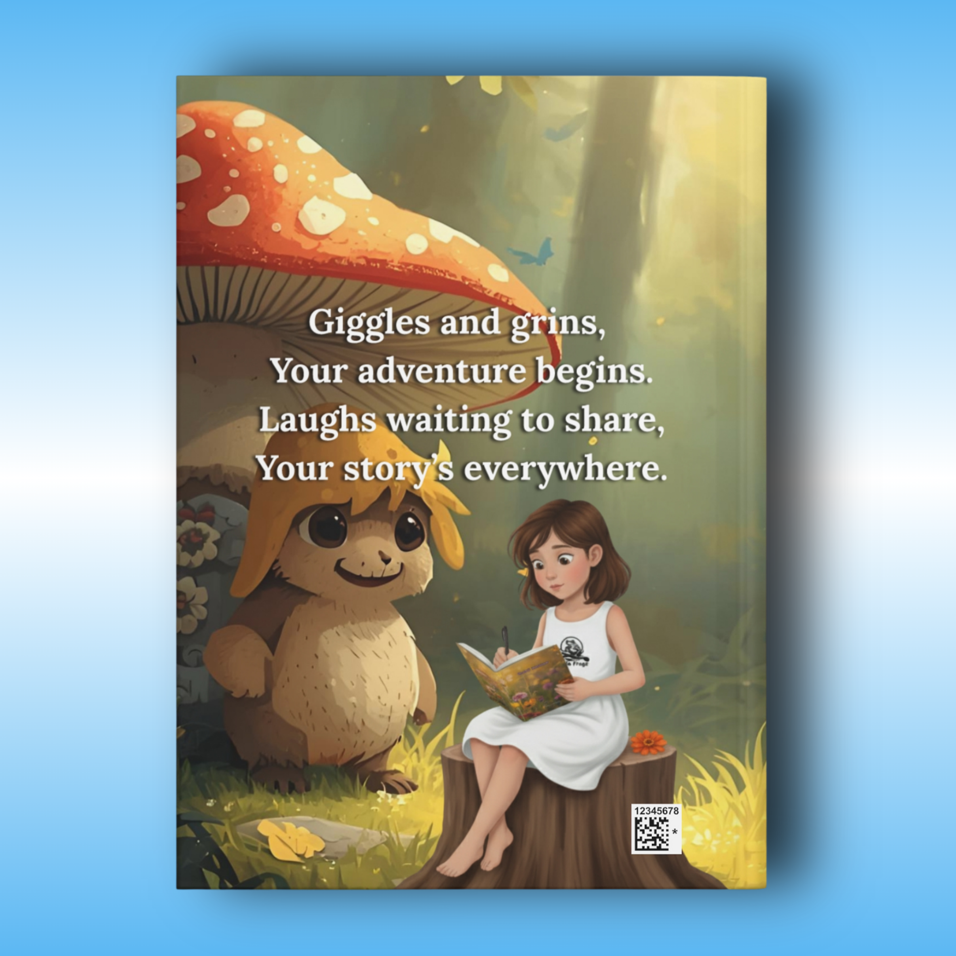 Hard cover journal Illustration of a child and a creature in a forest with a quote about adventure and laughter.