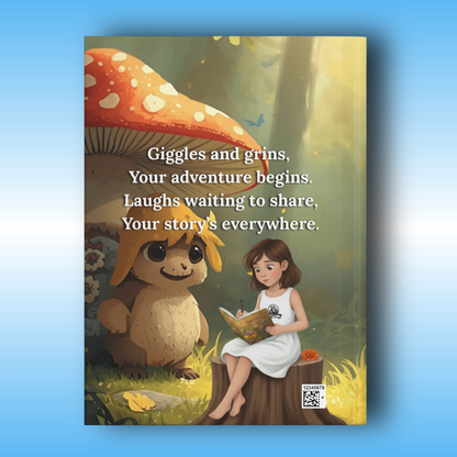 Hard cover journal Illustration of a child and a creature in a forest with a quote about adventure and laughter.