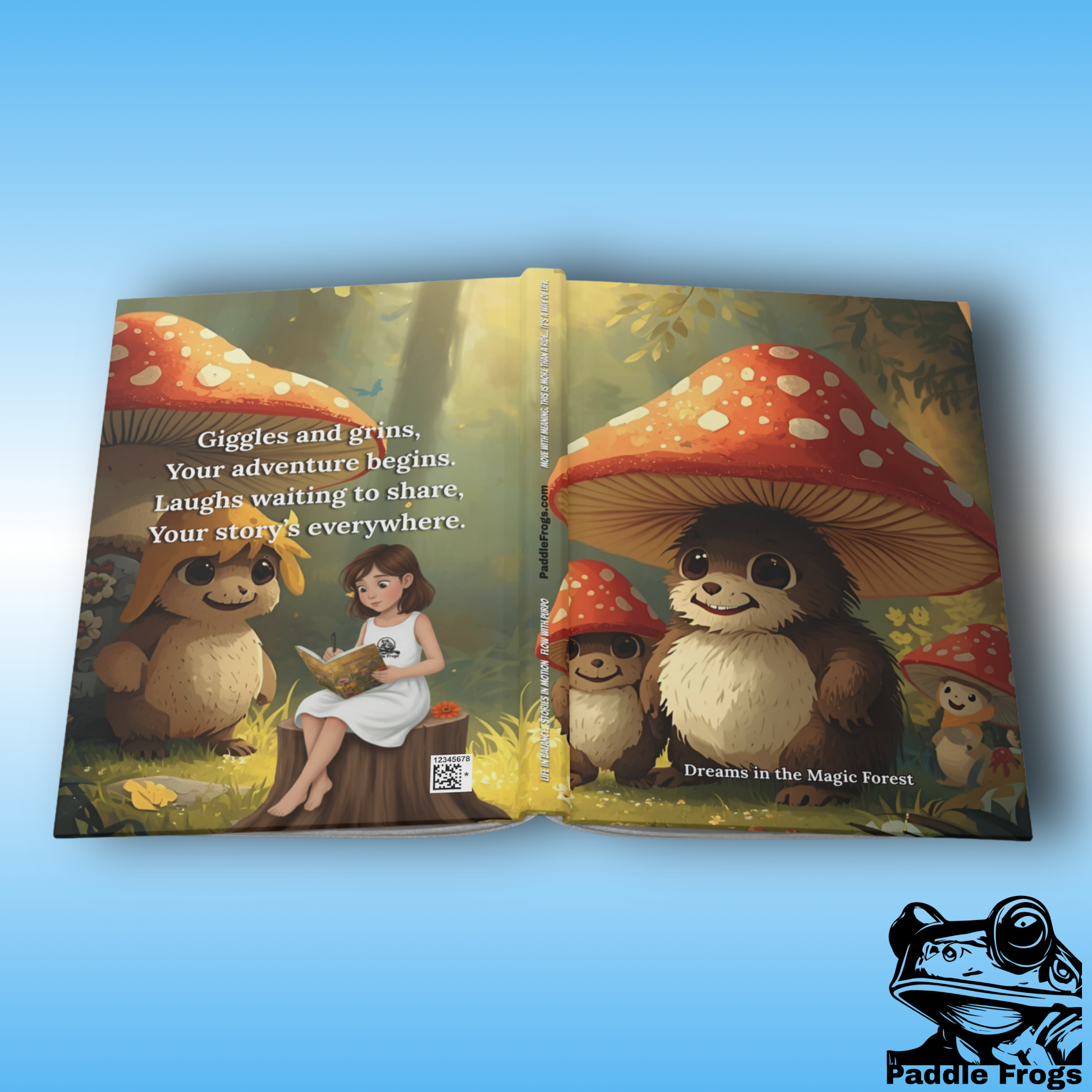 Dream in the Magic Forest hard cover journal by Paddle Frogs outdoor gear Open book with cartoon characters and mushrooms on a blue background