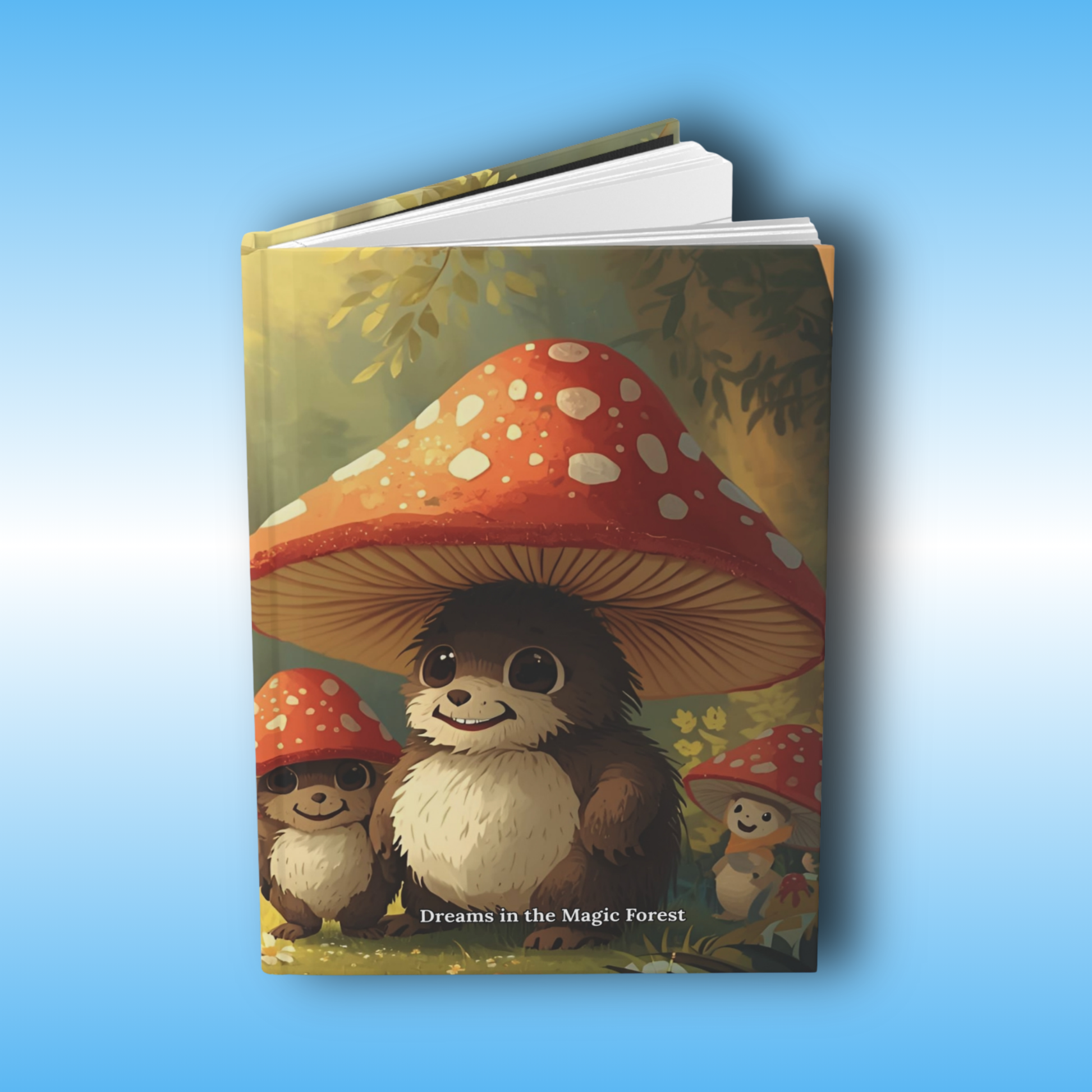 Hard cover journal | Dreams in the Magic Forest by Paddle Frogs Outdoor Gear | Book cover with cartoon animals under mushrooms on a blue gradient background