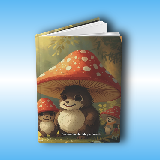 Hard cover journal | Dreams in the Magic Forest by Paddle Frogs Outdoor Gear | Book cover with cartoon animals under mushrooms on a blue gradient background