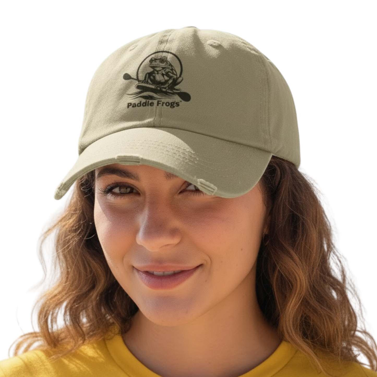Drifter's Cap: Paddle Frogs™ Vintage Distressed Ballcap Color Light Olive on a transparent background