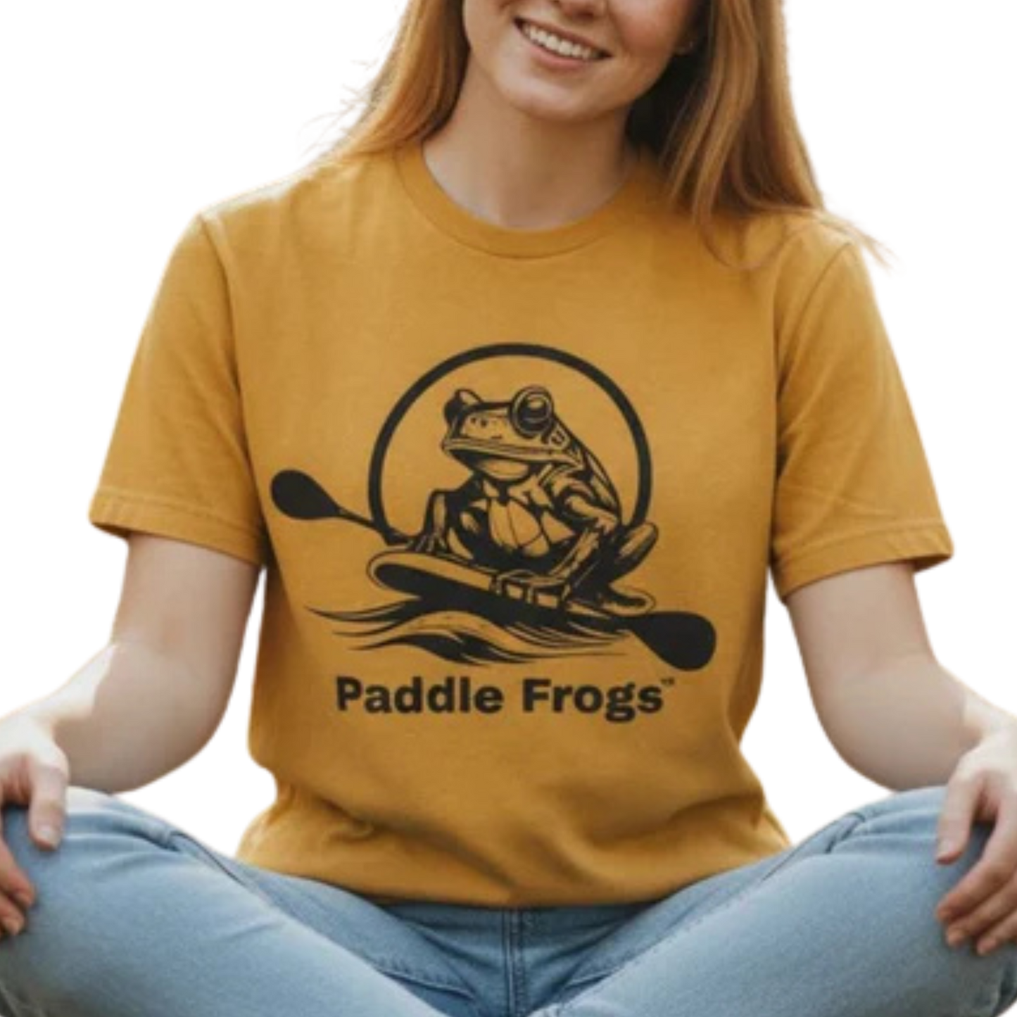 Earthy Tee | 100% Cotton Soft T-Shirt Paddle Frogs™ Skate & Paddle lady model on a transparent background