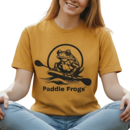 Earthy Tee | 100% Cotton Soft T-Shirt Paddle Frogs™ Skate & Paddle lady model on a transparent background