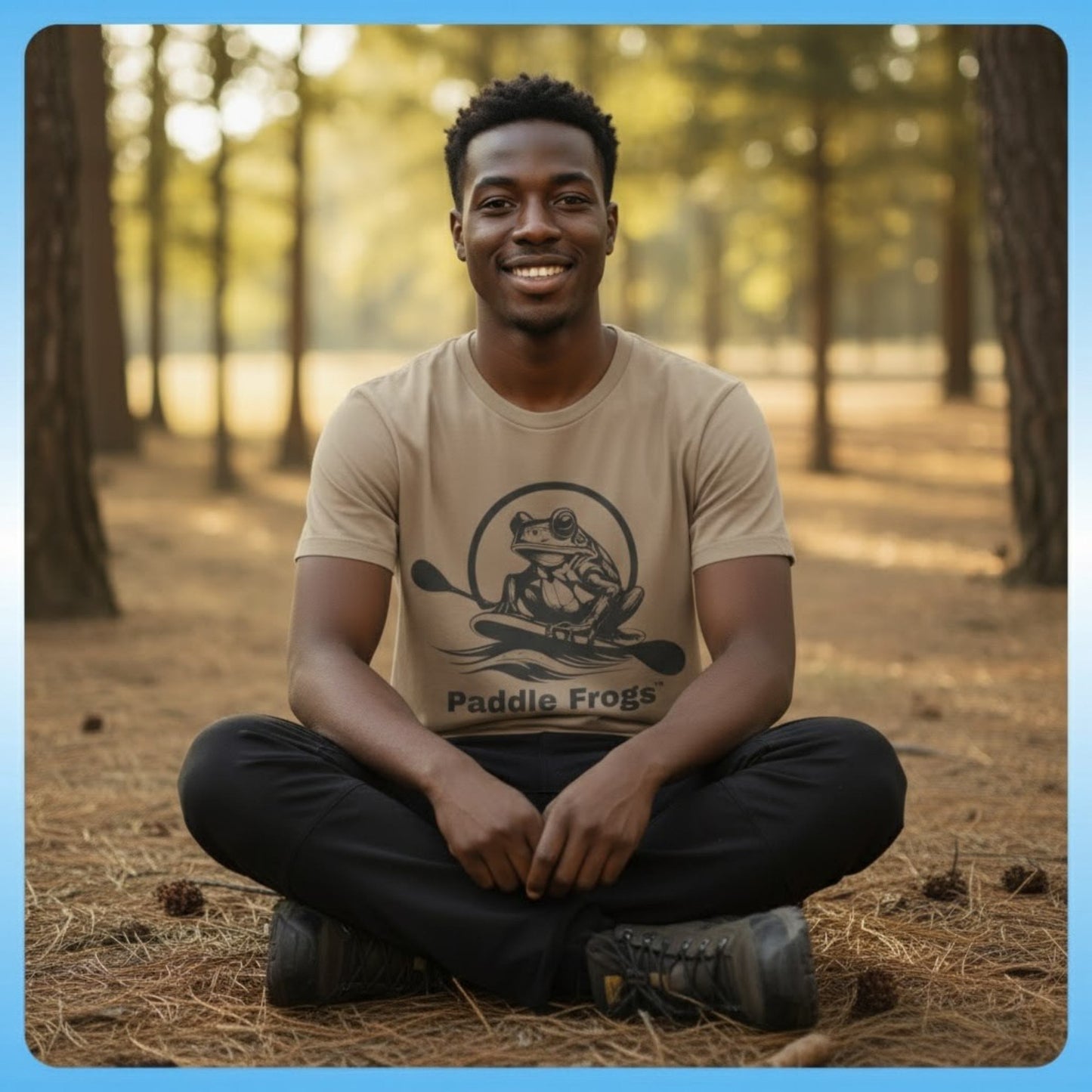 Earthy Tee | Soft style 100% Cotton  T-Shirt - Paddle Frogs - Man sits crisscross applesauce in the woods Faded Brown