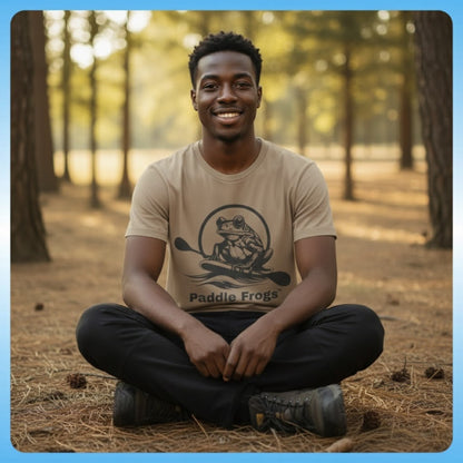 Earthy Tee | Soft style 100% Cotton  T-Shirt - Paddle Frogs - Man sits crisscross applesauce in the woods Faded Brown