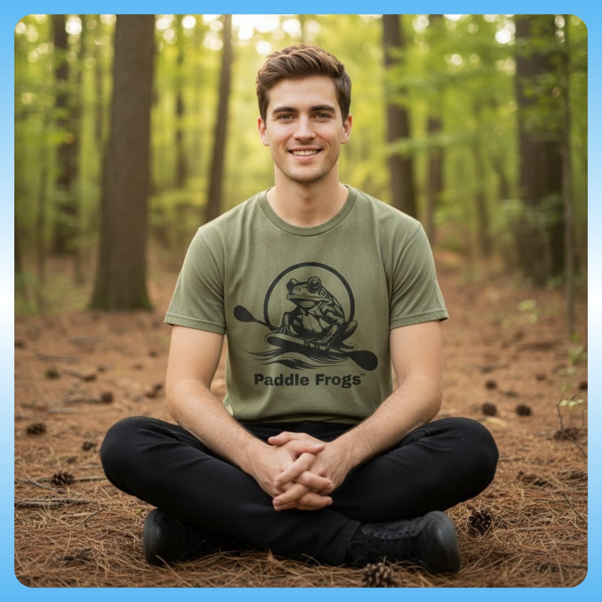 Earthy Tee | Soft style 100% Cotton  T-Shirt - Paddle Frogs - Man sitting crisscross applesauce in the woods Faded Army Green
