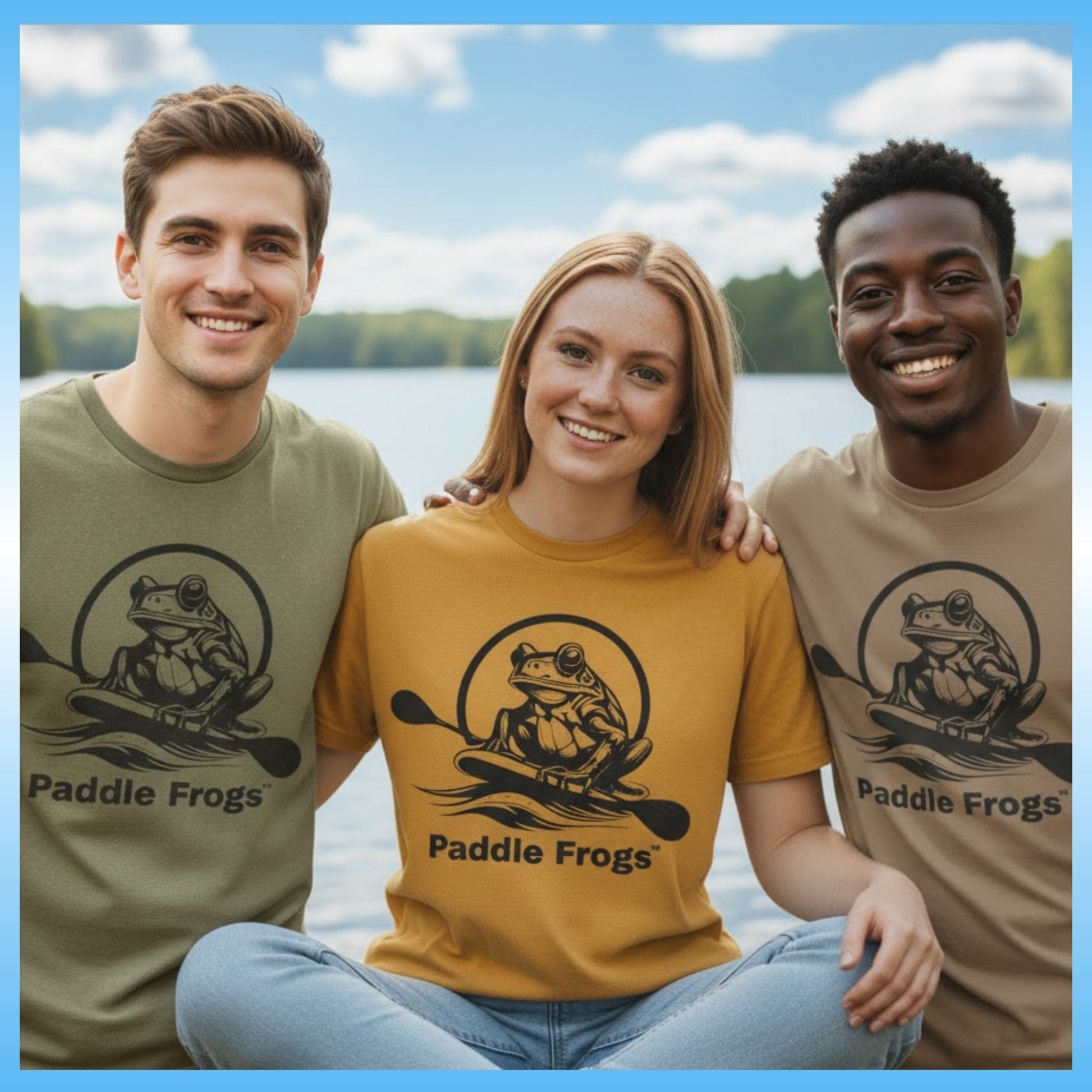 Earthy Tee | Soft style 100% Cotton  T-Shirt - Paddle Frogs - three Paddle Frogs crew friends pose at the lake