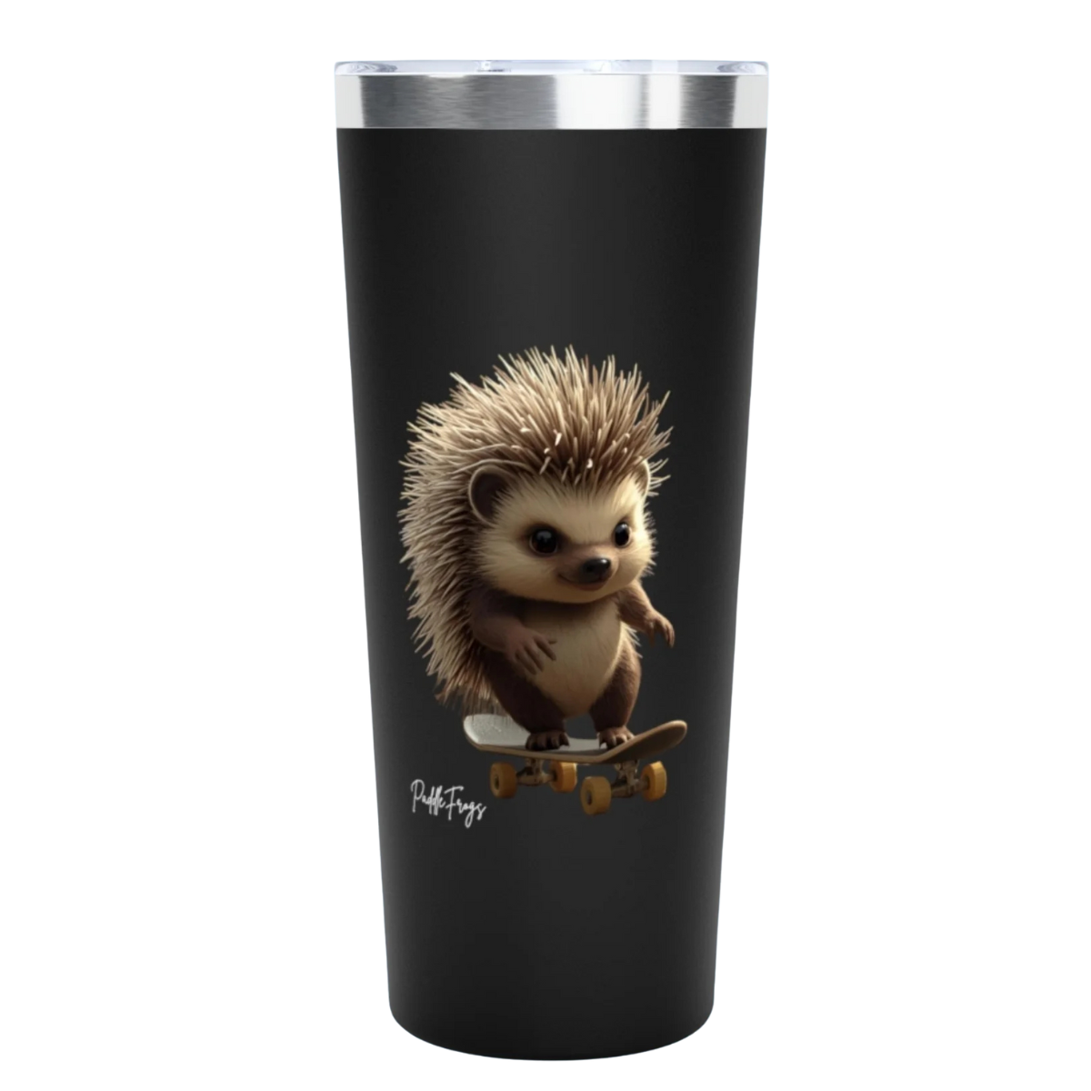 Edge - the Hedgehog | 20oz Tumbler | Paddle Frogs Outdoor Gear - Black tumbler with a hedgehog design on a white background