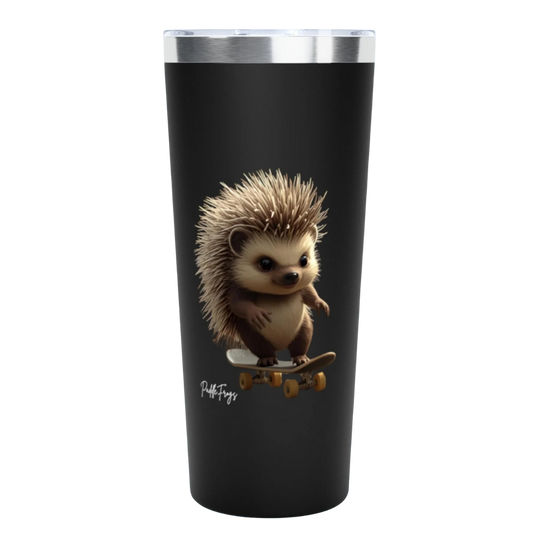 Edge - the Hedgehog | 20oz Tumbler | Paddle Frogs Outdoor Gear - Black tumbler with a hedgehog design on a white background