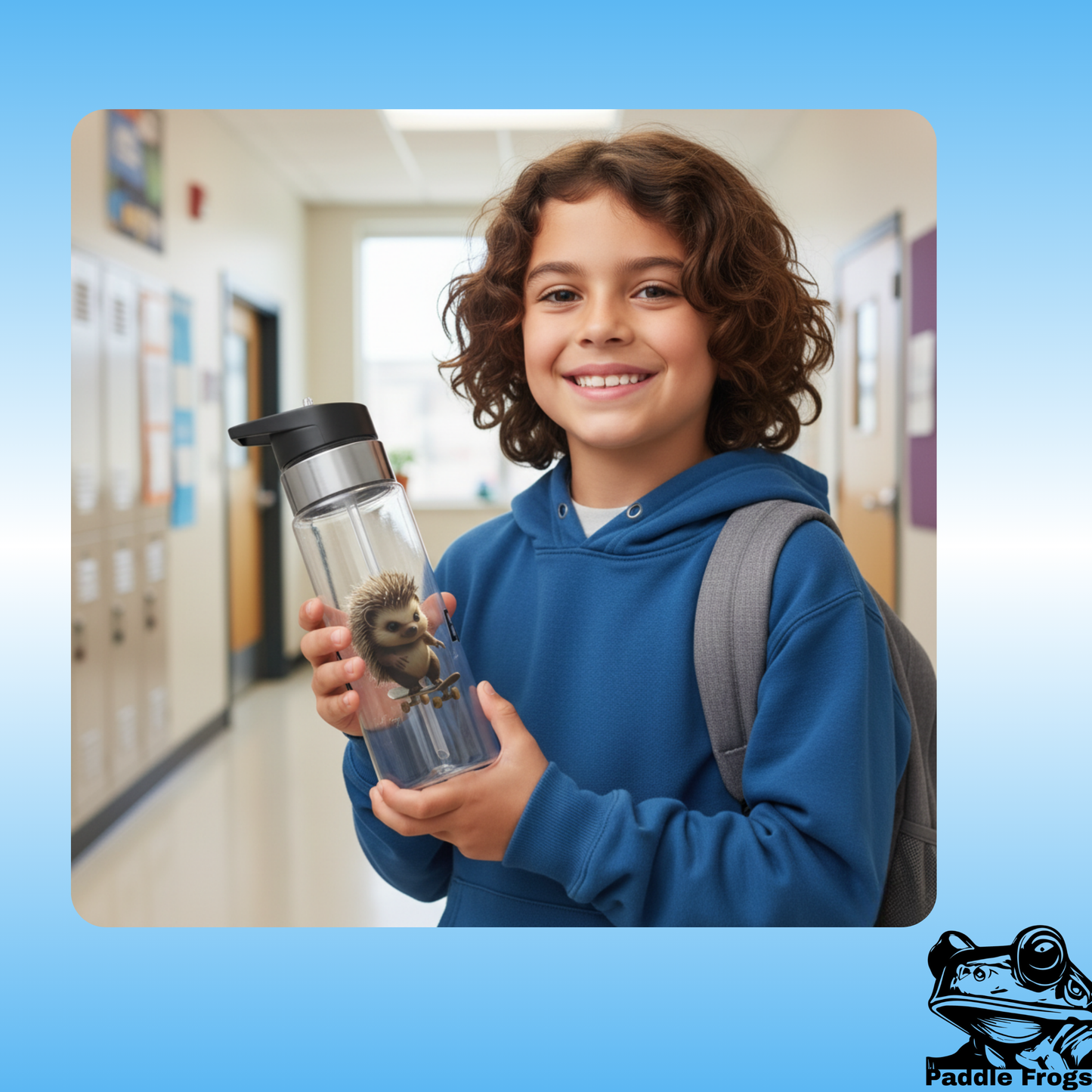 Child holding a clear water bottle with a hedgehog design in a school hallway