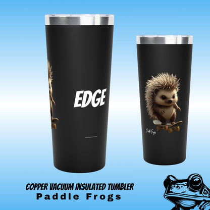 Edge | Copper Vacuum Insulated Tumbler — Edge the hedgehog -  Paddle Frogs (graphics details from both sides) | black copper vacuum insulated tumblers with hedgehog designs on a blue background