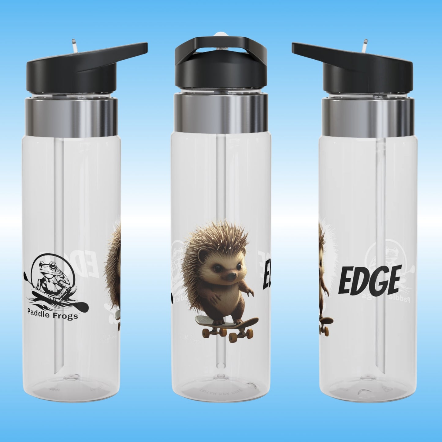 Edge | Crystal Clear Water Bottle | Edge the hedgehog | Paddle Frogs | 3 angle Photography | clear water bottles with black lids on a blue gradient background, featuring hedgehog illustrations and branding.