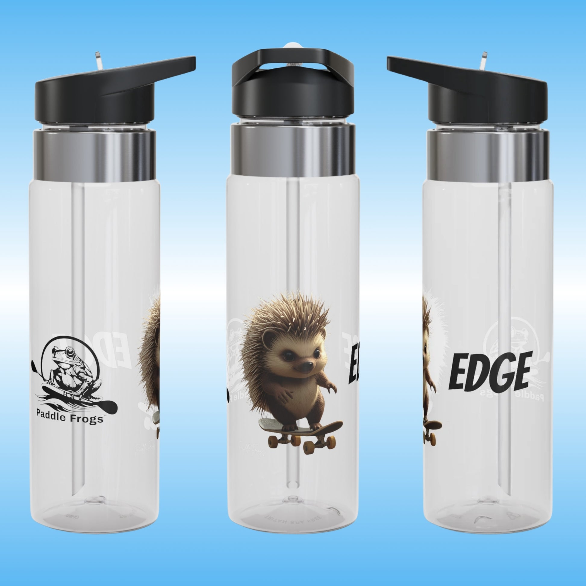 Edge | Crystal Clear Water Bottle | Edge the hedgehog | Paddle Frogs | 3 angle Photography | clear water bottles with black lids on a blue gradient background, featuring hedgehog illustrations and branding.