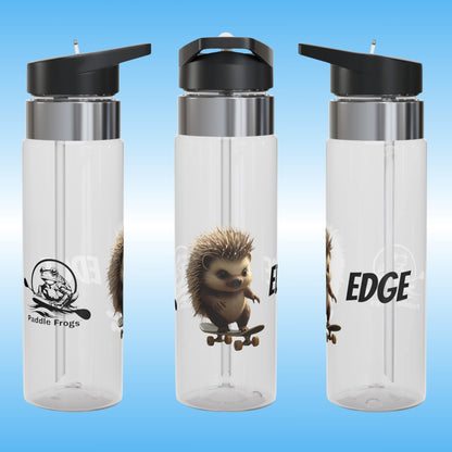 Edge | Crystal Clear Water Bottle | Edge the hedgehog | Paddle Frogs | 3 angle Photography | clear water bottles with black lids on a blue gradient background, featuring hedgehog illustrations and branding.