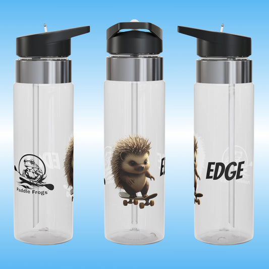 Edge | Crystal Clear Water Bottle | Edge the hedgehog | Paddle Frogs | 3 angle Photography | clear water bottles with black lids on a blue gradient background, featuring hedgehog illustrations and branding.