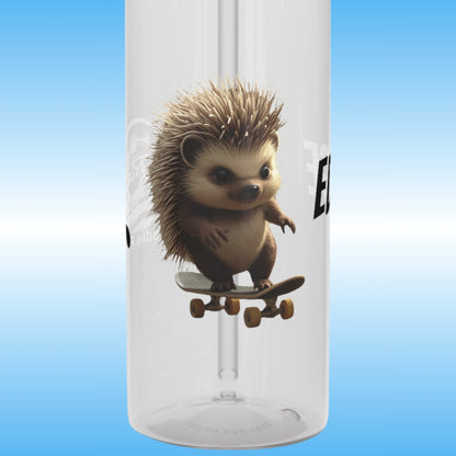 Edge | Crystal Clear Water Bottle | Edge the hedgehog | Paddle Frogs | Front Photography | Clear tumbler with a hedgehog design on a blue background