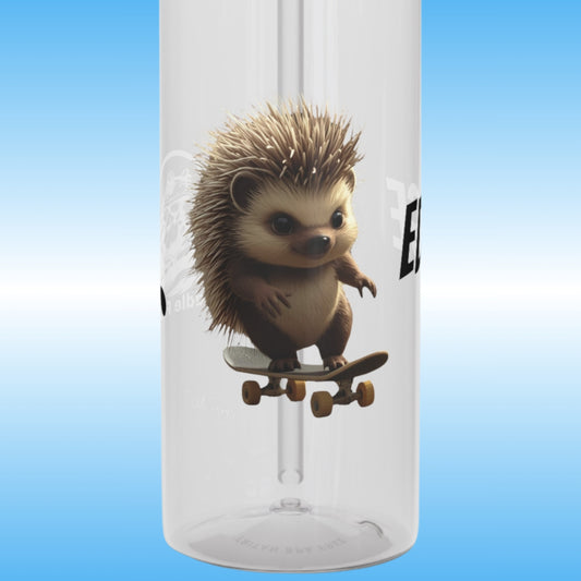 Edge | Crystal Clear Water Bottle | Edge the hedgehog | Paddle Frogs | Front Photography | Clear tumbler with a hedgehog design on a blue background