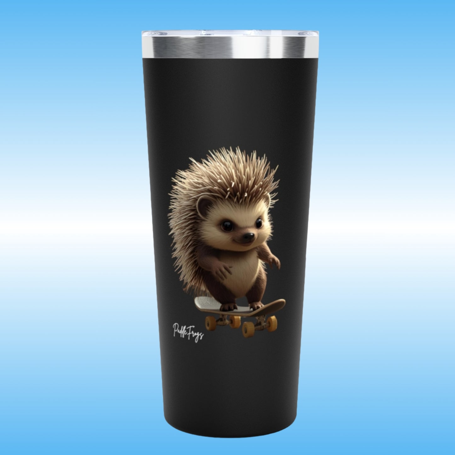 Edge | Paddle Frogs | Black tumbler with Edge the hedgehog design on a blue background