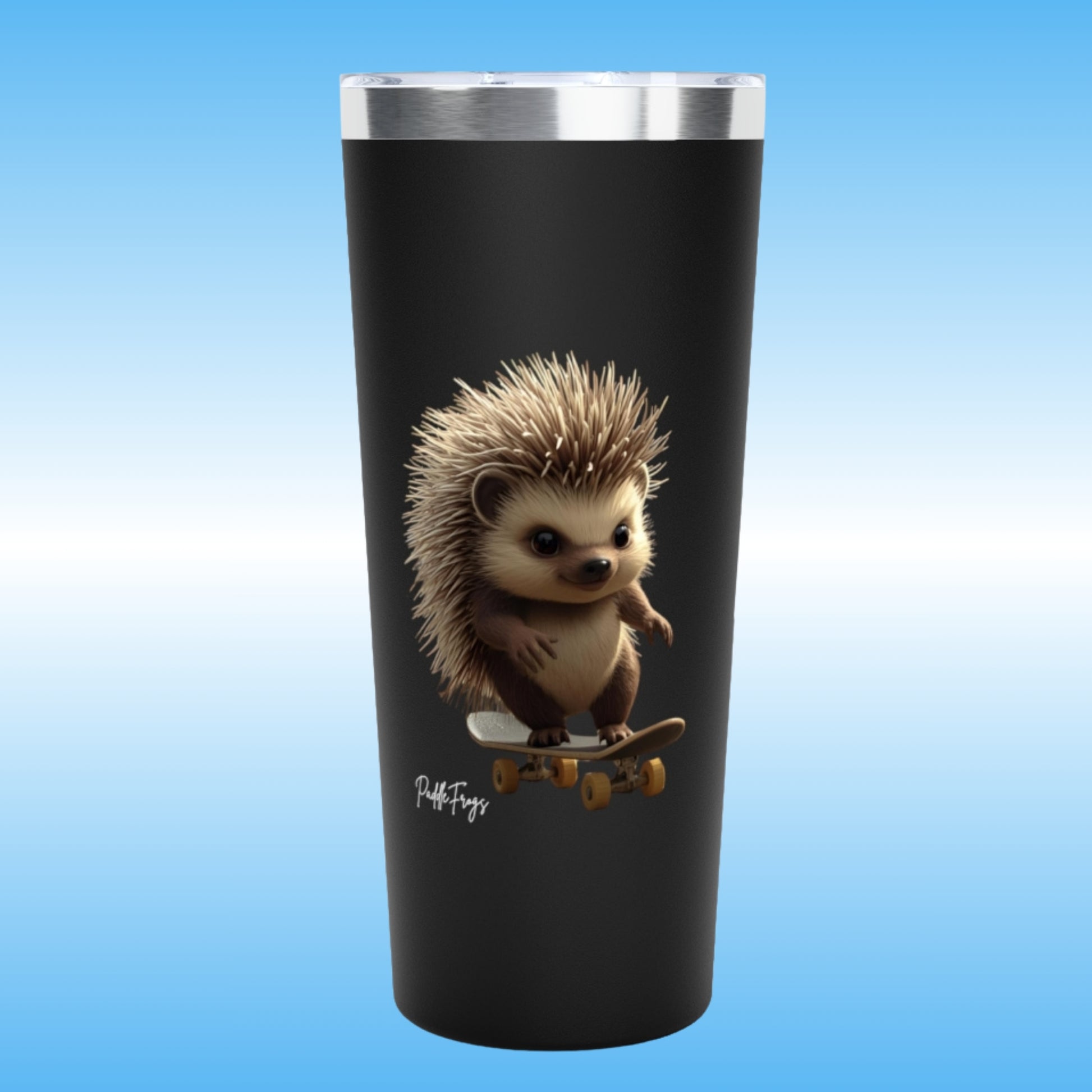 Edge | Paddle Frogs | Black tumbler with Edge the hedgehog design on a blue background