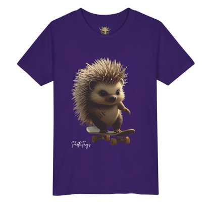 Edge the Hedgehog - Purple | Youth Skateboard T-Shirt | Paddle Frogs Kids | T-shirt with a hedgehog on a skateboard graphic