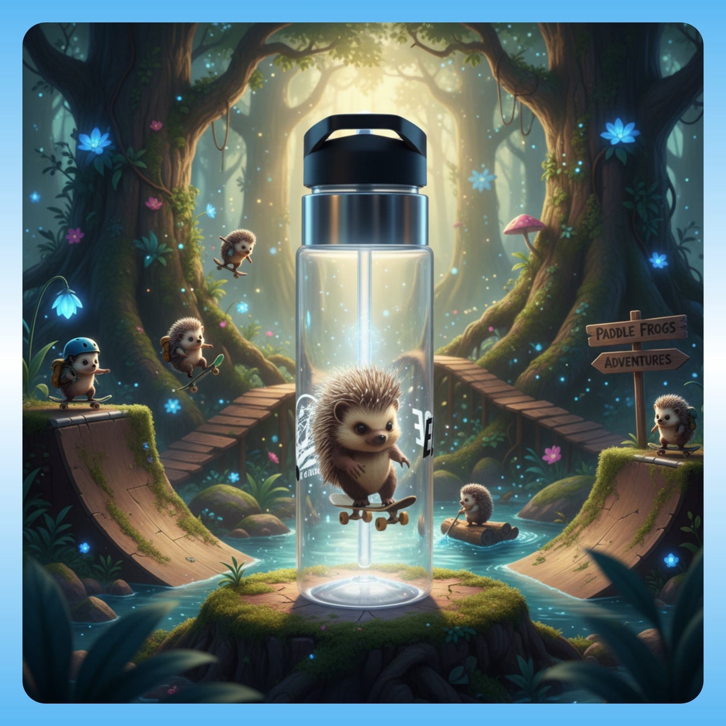 Edge the Hedgehog by Paddle Frogs Outdoor Gear Illustration of a water bottle with a hedgehog design in a fantasy forest setting