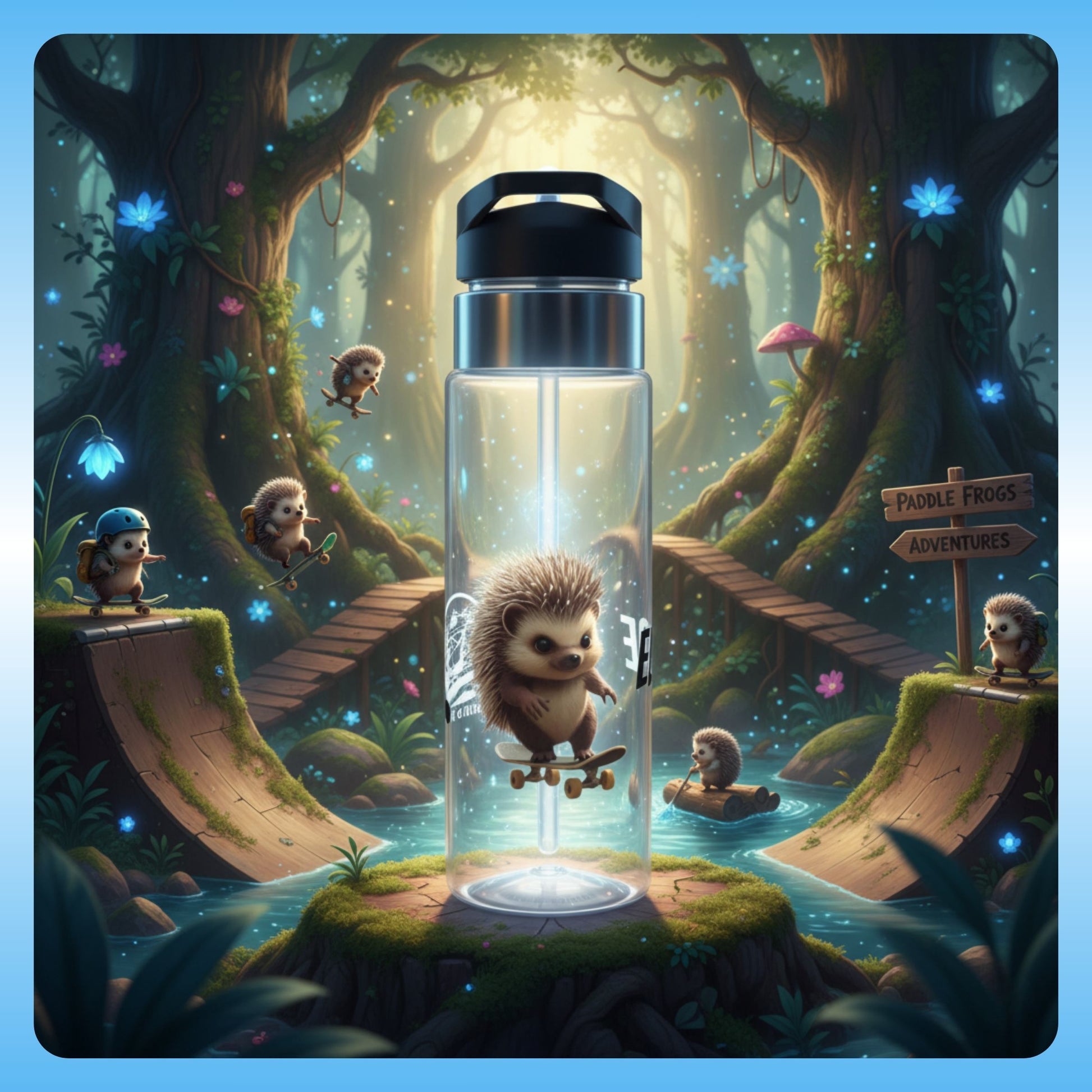 Edge the Hedgehog by Paddle Frogs Outdoor Gear Illustration of a water bottle with a hedgehog design in a fantasy forest setting
