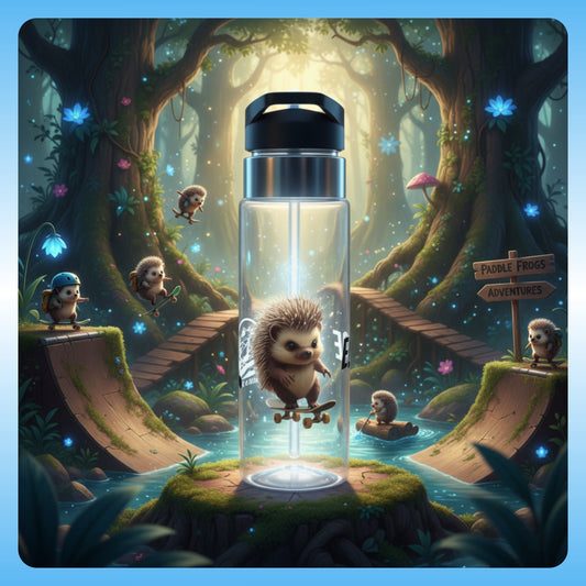 Edge the Hedgehog by Paddle Frogs Outdoor Gear Illustration of a water bottle with a hedgehog design in a fantasy forest setting